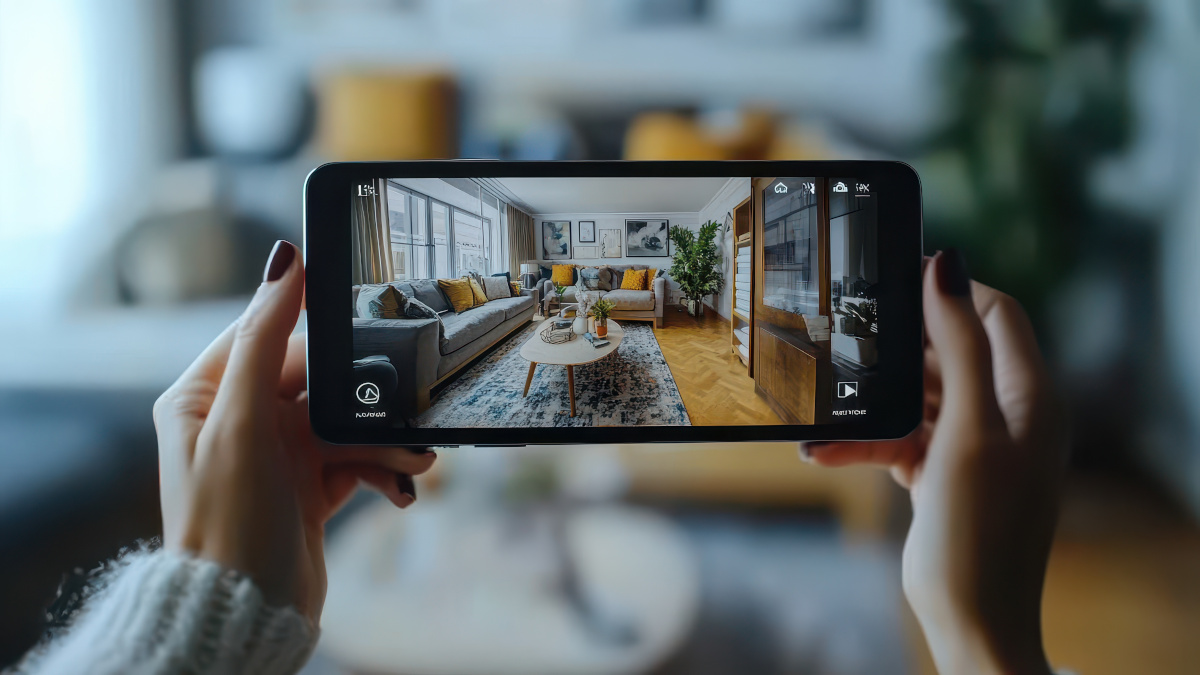 Tipps für die Immobilienanzeige: Eine Frau macht mit dem Smartphone ein Bild vom Wohnzimmer. 