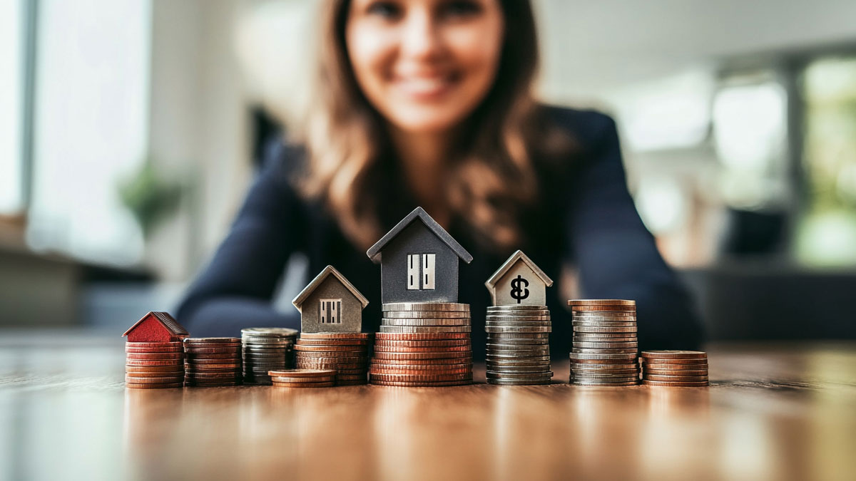 Frau vor Modellhaus und Geldmünzen