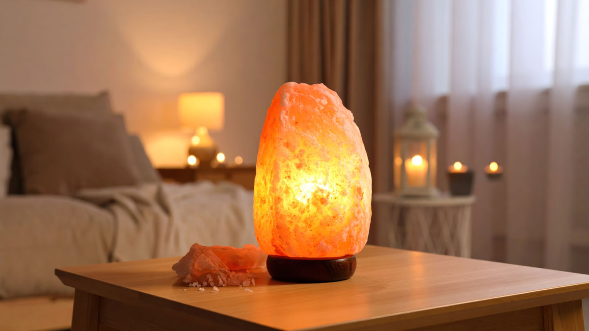 Tipps Schimmelflecken, eine Salzlampe auf dem Wohnzimmertisch