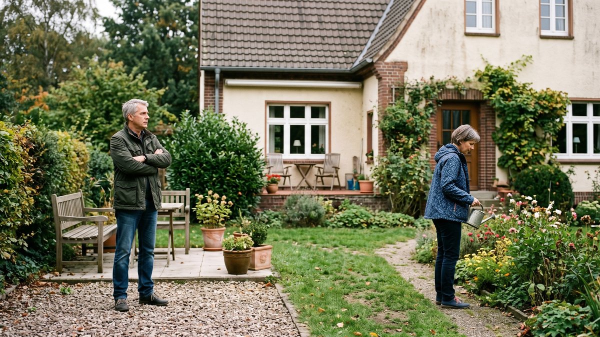 Zwei Miteigentümer stehen im Garten ihres Hauses