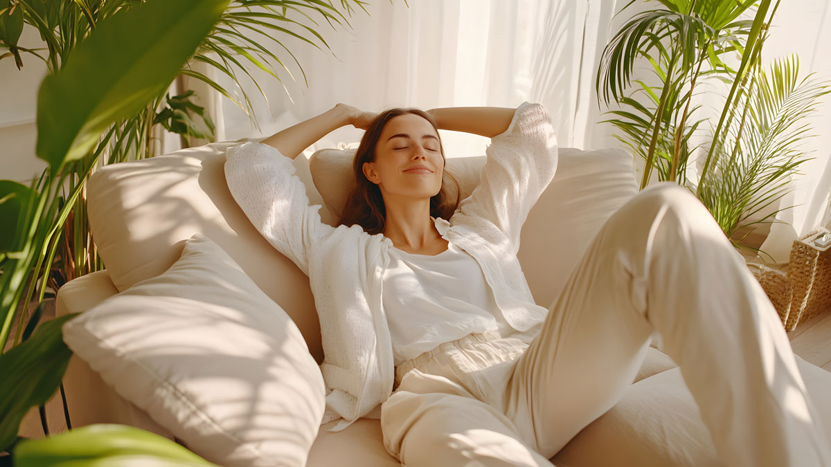 Lüftungsanlage Sommer, Frau entspannt auf dem Sofa