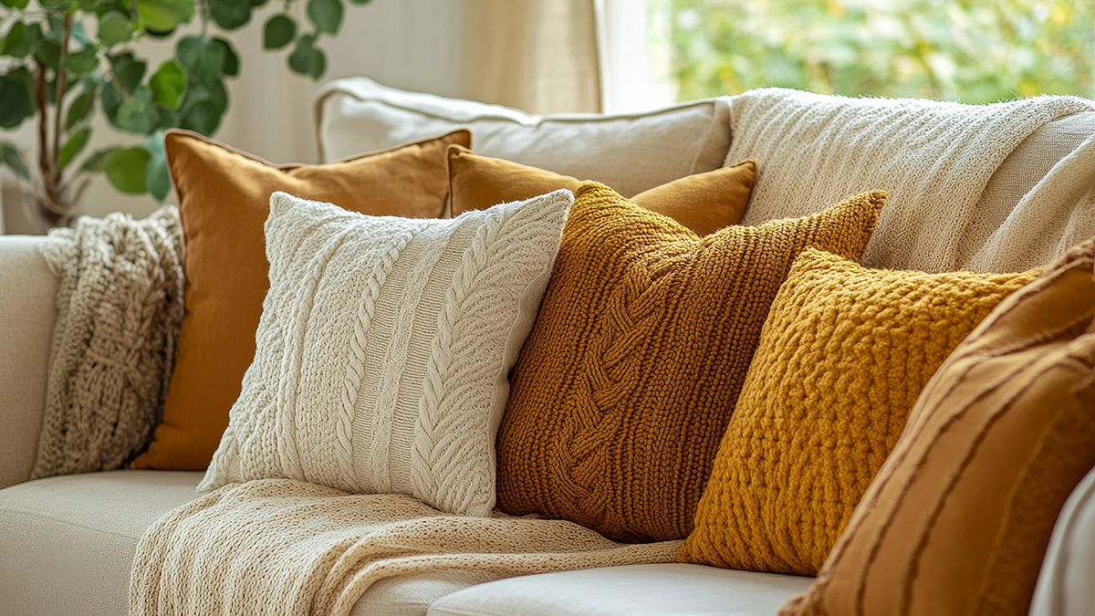 Viele verschiedene Kissen auf einem Sofa