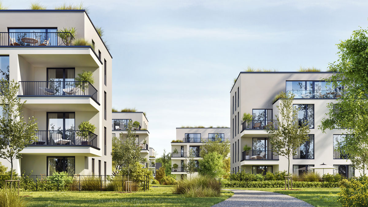 Sternzeichen Lage, moderne Wohnhäuser in der Stadt im Grünen