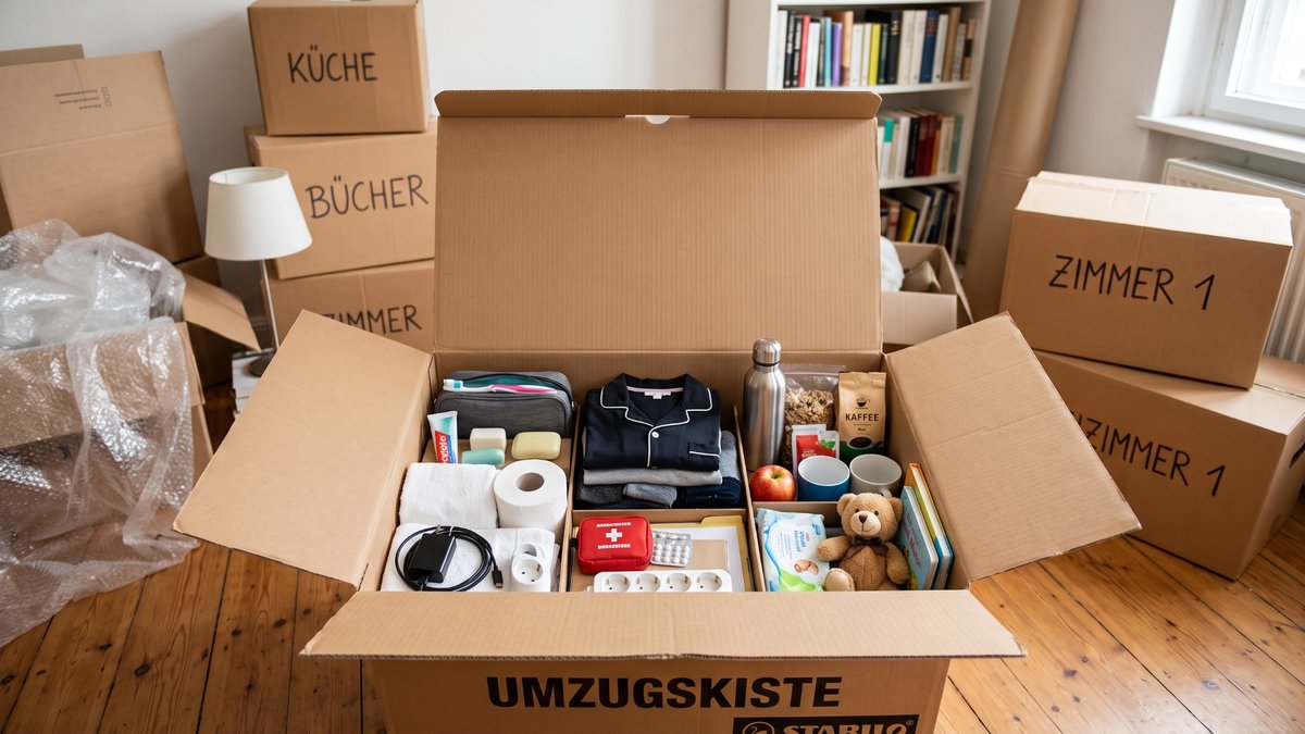 Eine Umzugskiste mit dem Nötigen für die ersten Tage