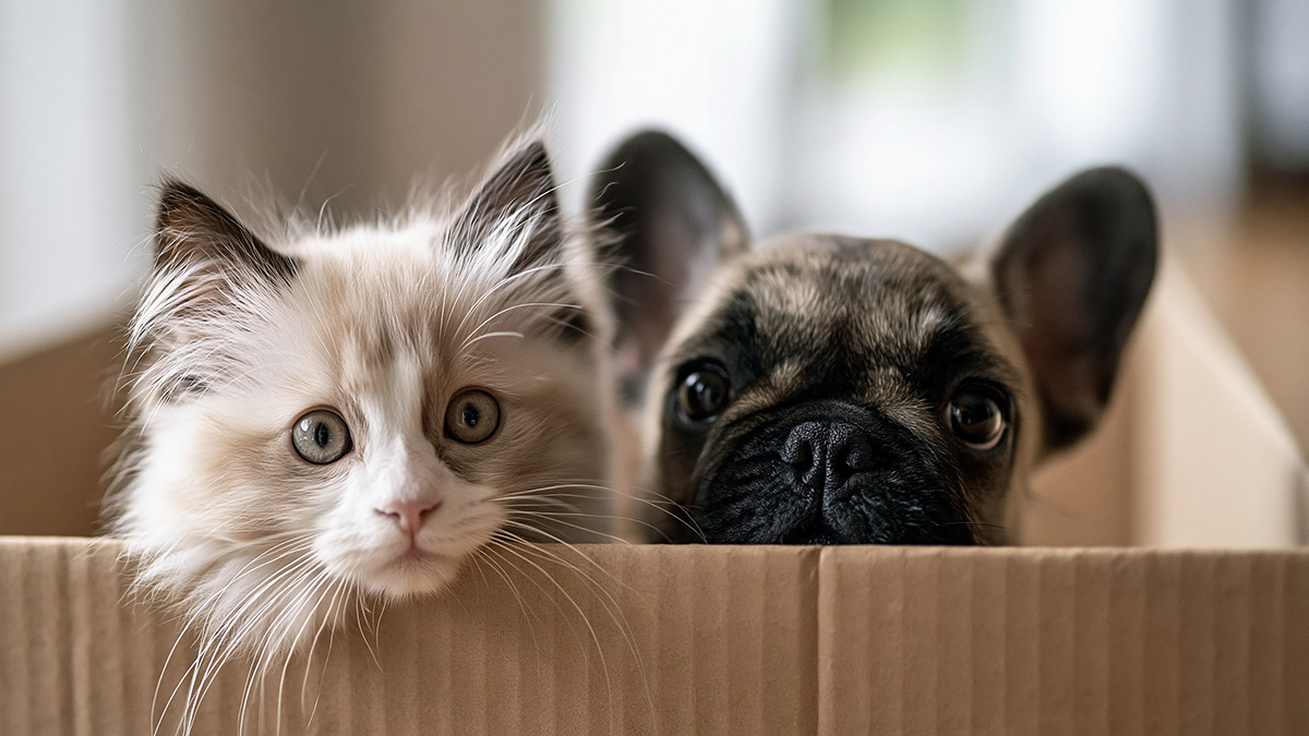 Eine Katze und ein Hund schauen aus einem Umzugskarton