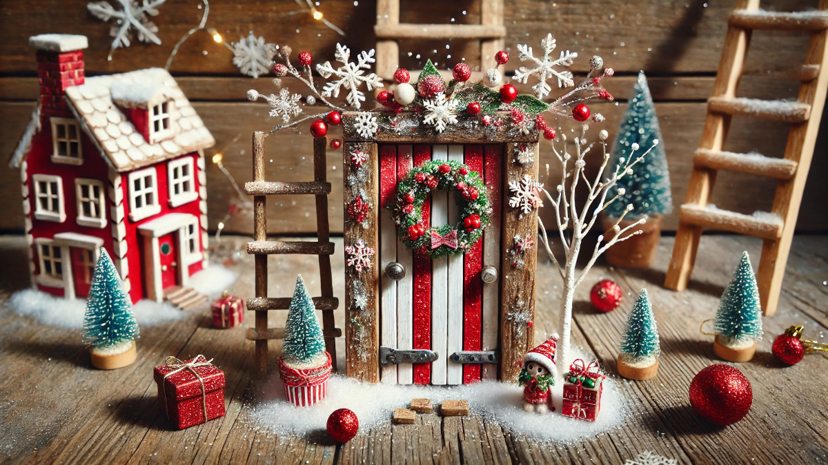 Weihnachtswichtel: Eine kleine Tür Wichteltür mit weihnachtlicher Deko