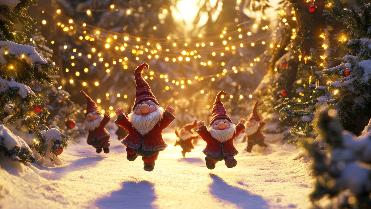 Wichtelstreiche, Weihnachtswichtel laufen durch den Schnee