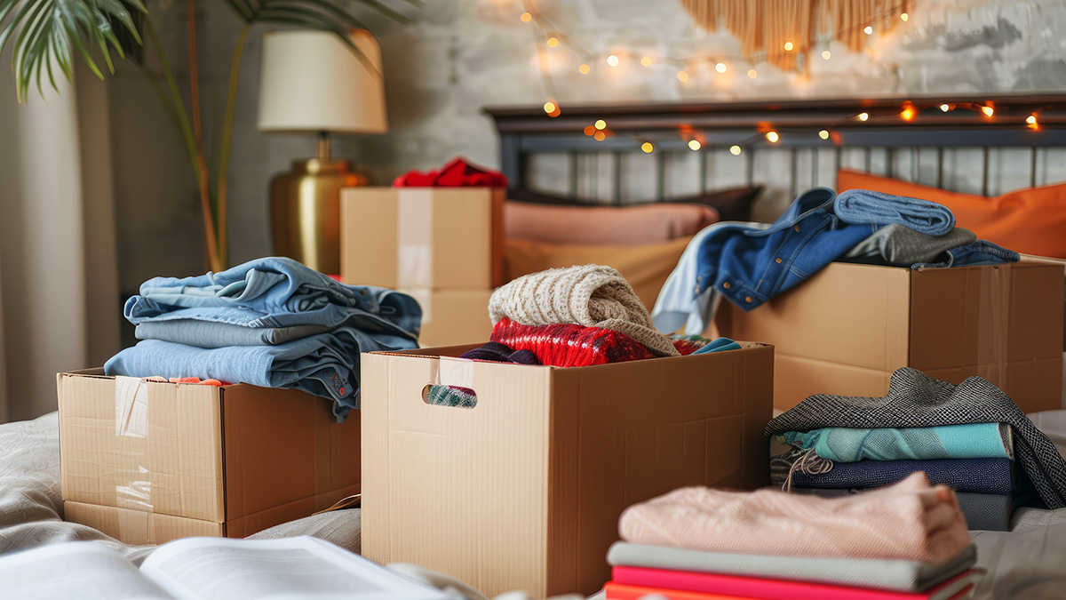 Zuhause entrümpeln, Kartons auf dem Bett für das Entrümpeln der Wohnung