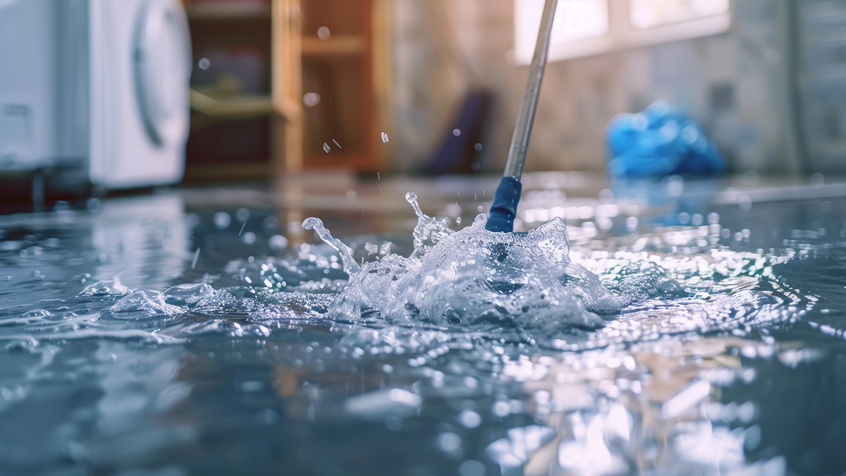 Ein Wischmob wischt Wasser im Keller auf