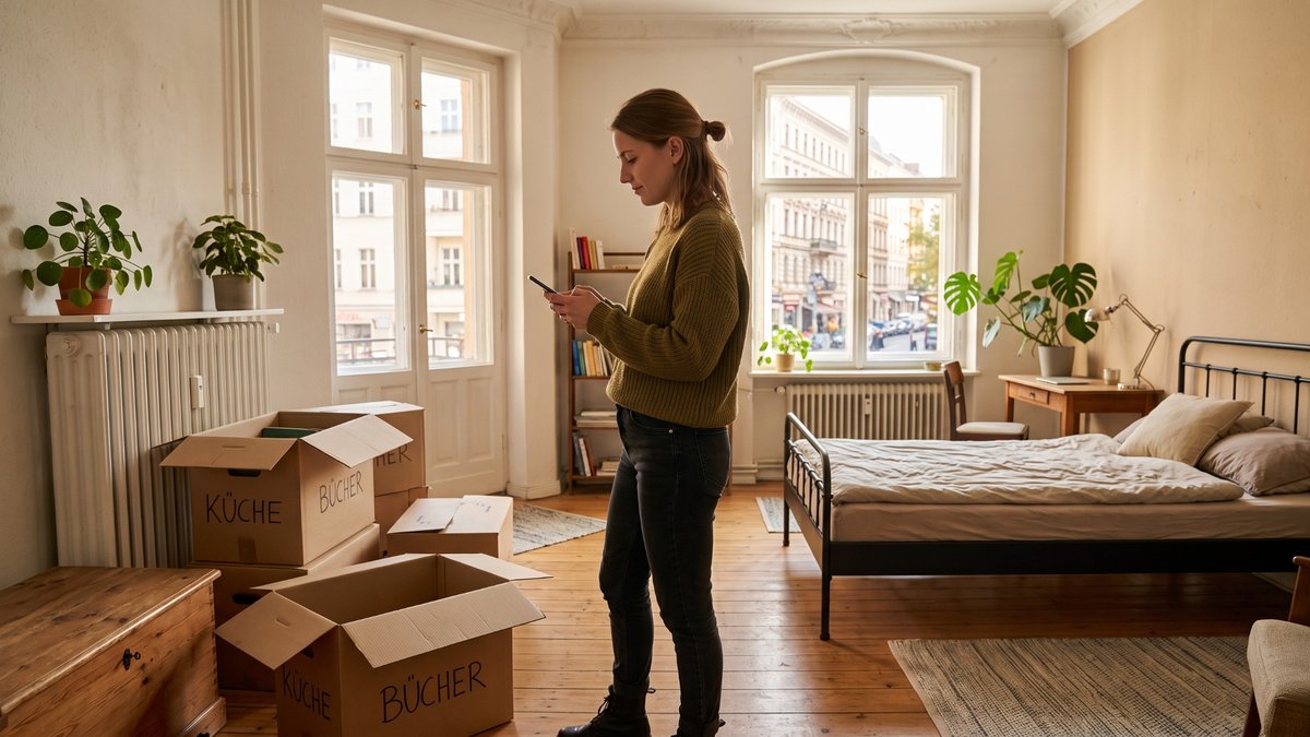Eine Frau steht mit ihren Umzugskisten in einer möblierten Wohnung