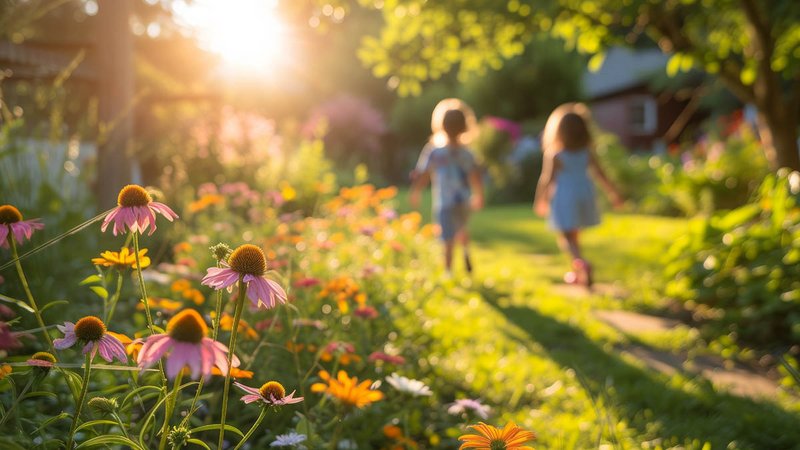 Blumenwiese in der Abendsonne mit zwei Kindern