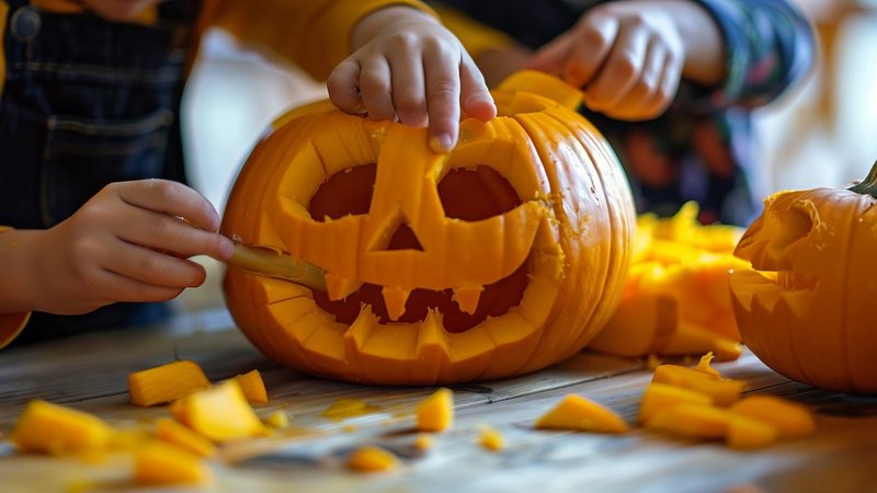 Kinderhände schnitzen ein Gesicht in einen Kürbis