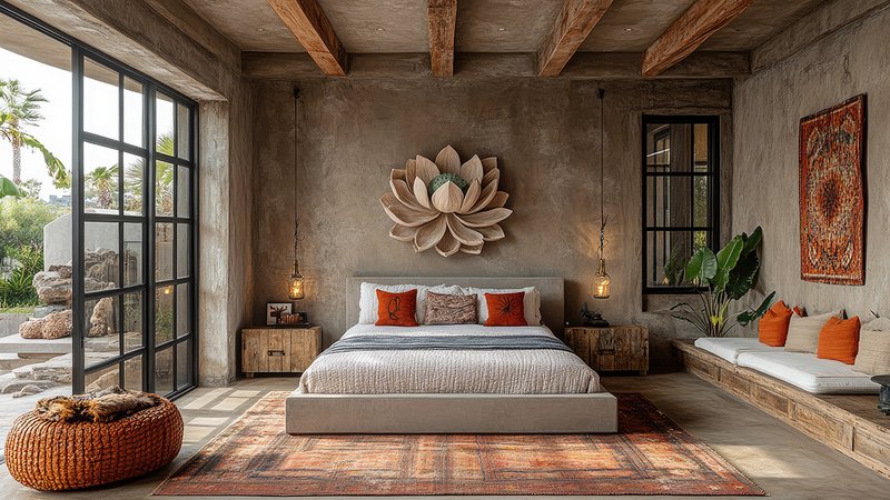 Ein Schlafzimmer mit einem Lotus-Motiv an der Wand. 