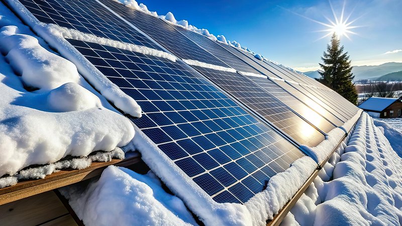 schneebedeckte Solaranlage im Sonnenschein