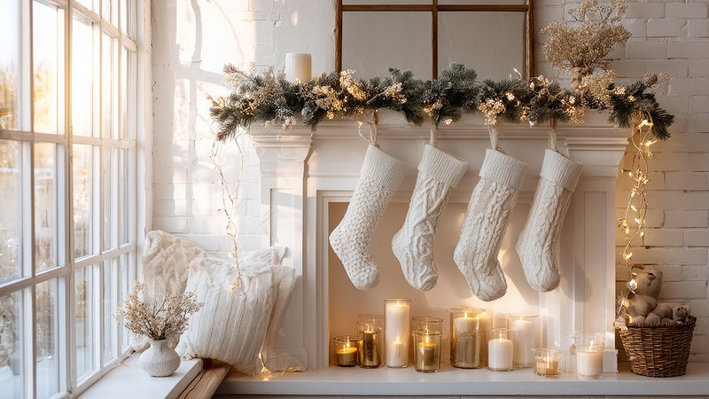 Ein festlich dekorierter Kaminsims mit Kerzen statt Feuer
