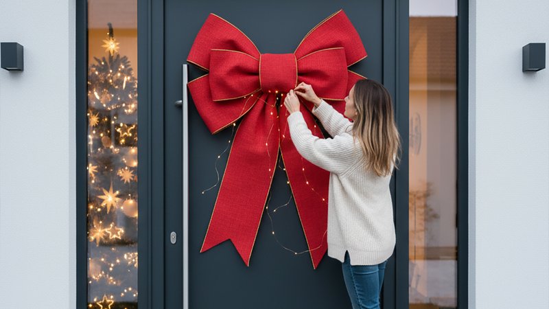 Eine Frau dekoriert eine große rote Schleife an der Haustür