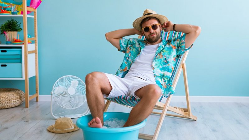 Midea PortaSplit 2027, Mann in Liegestuhl kühlt sich ohne Klimaanlage mit Ventilator ab