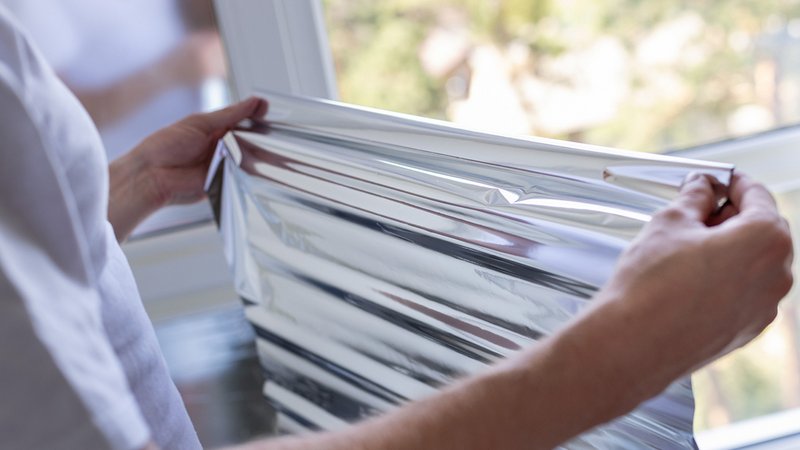 Eine Frau klebt Alufolie ans Fenster.