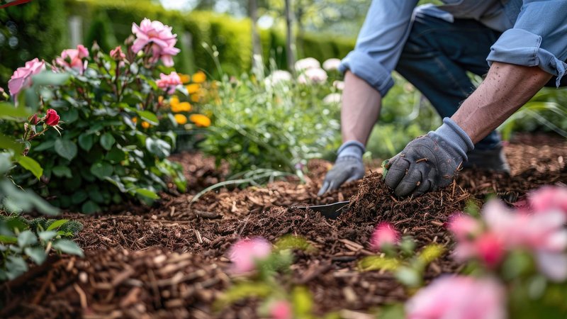 Hitze Vorkehrungen Garten, Gärtner bringt Mulch auf seinen Beeten aus