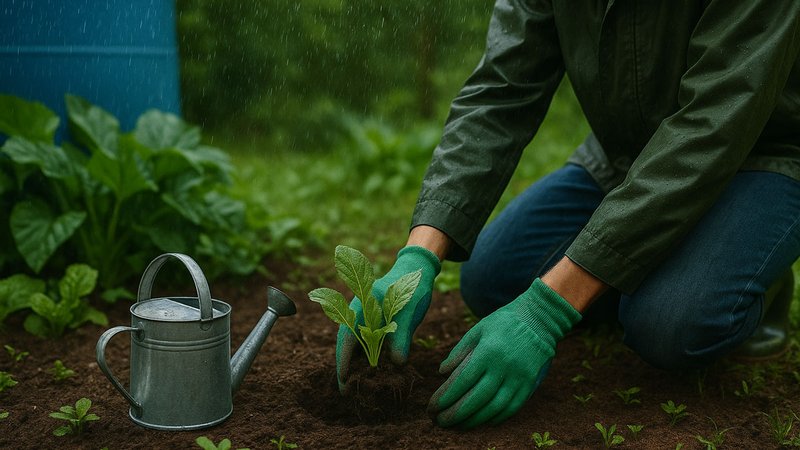 Regenwetter nutzen, Gärtner pflanzt im Regen