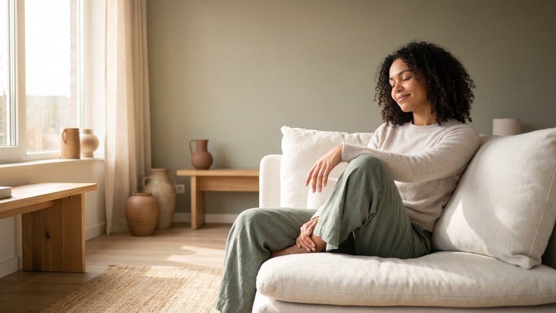 Eine Frau sitzt entspannt auf ihrem Sofa im minimalistischen Wohnzimmer