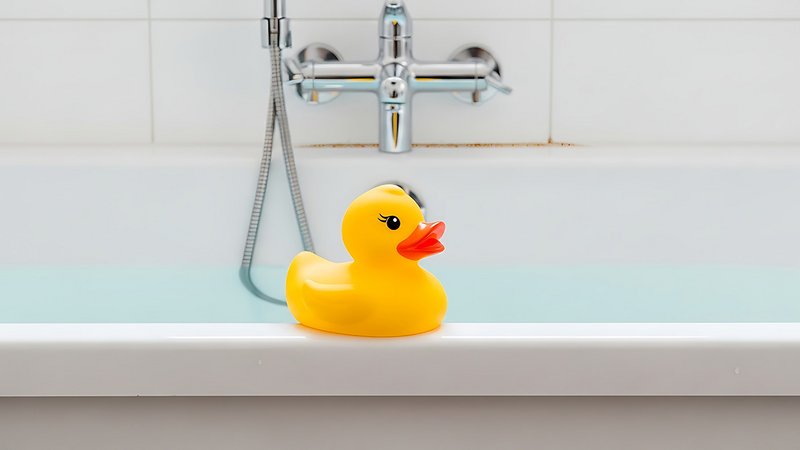 Eine gelbe Badeente sitzt auf einem Badewannenrand, im Hintergrund ist Schimmel an den Fliesen