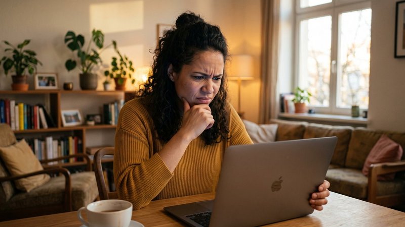 Eine Frau schaut skeptisch auf ihren Laptop