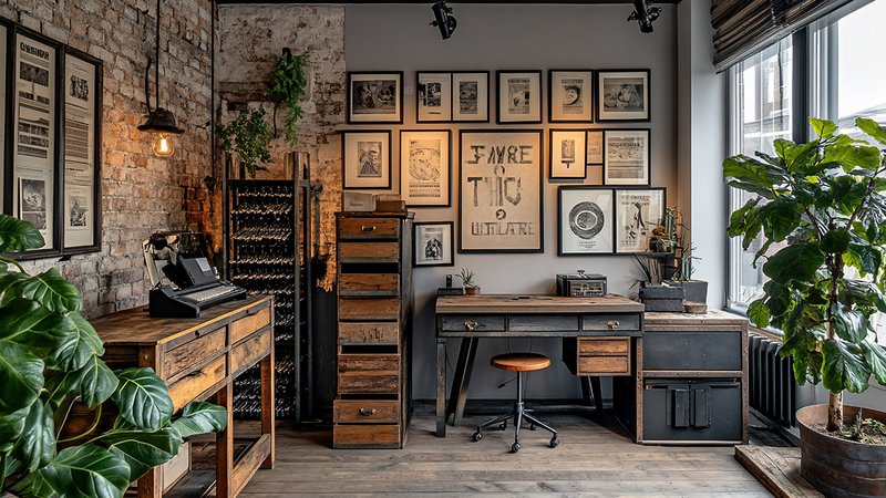Industrial Look, ein Büro im Industrial-Look mit viel Stahl und Holz