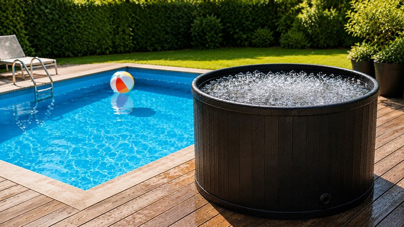 Eistonne Abkühlung, Eistonne neben Pool im Sommer