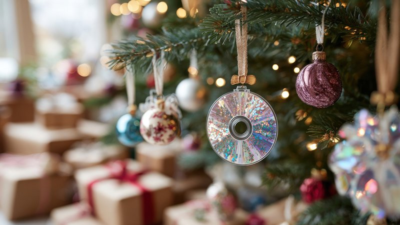 Ein bunt geschmückter Christbaum mit Kugeln und alten CDs