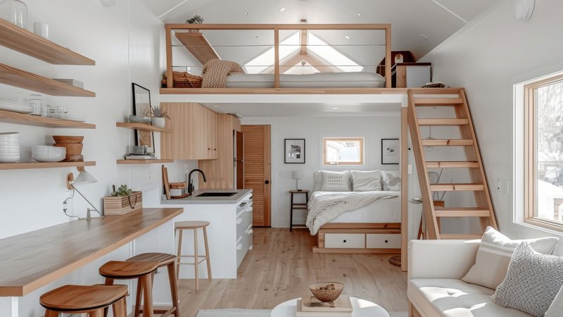 Tiny House Farben, Blick in ein Tiny House mit hellen Farben und Holzakzenten