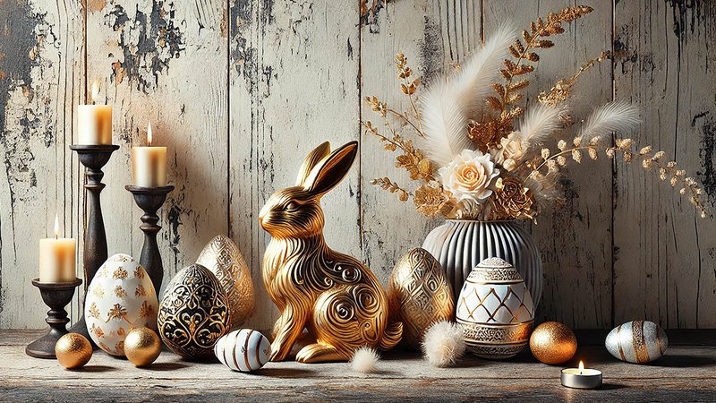 rustikale Osterdeko mit dunklen Kerzenständern und einem Osterhasen aus Gold