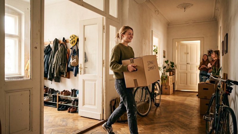  Eine Studentin trägt einen Umzugskarton in eine Berliner WG