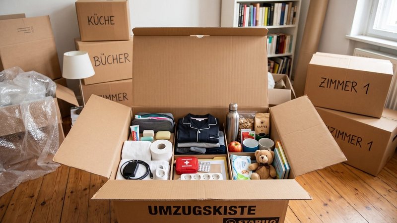 Eine Umzugskiste mit dem Nötigen für die ersten Tage