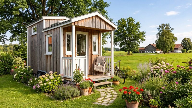 Ein Tiny House steht in einem Garten