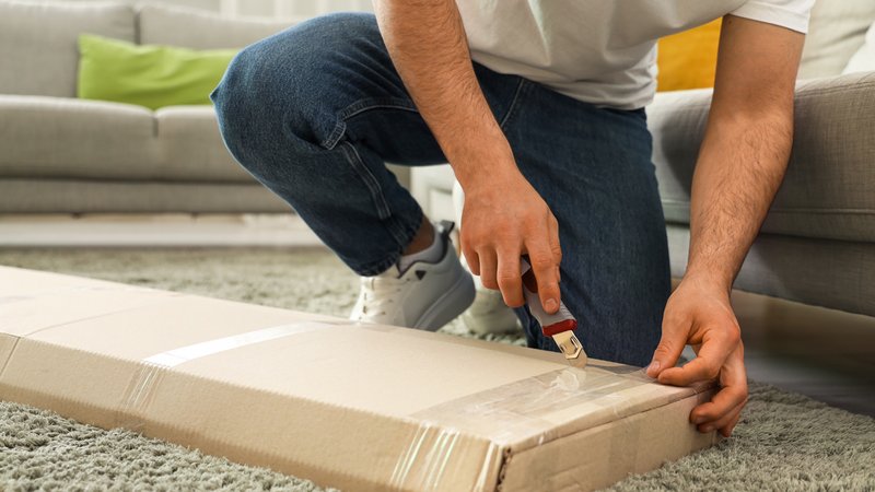 Mann packt IKEA-Möbel aus Karton aus.