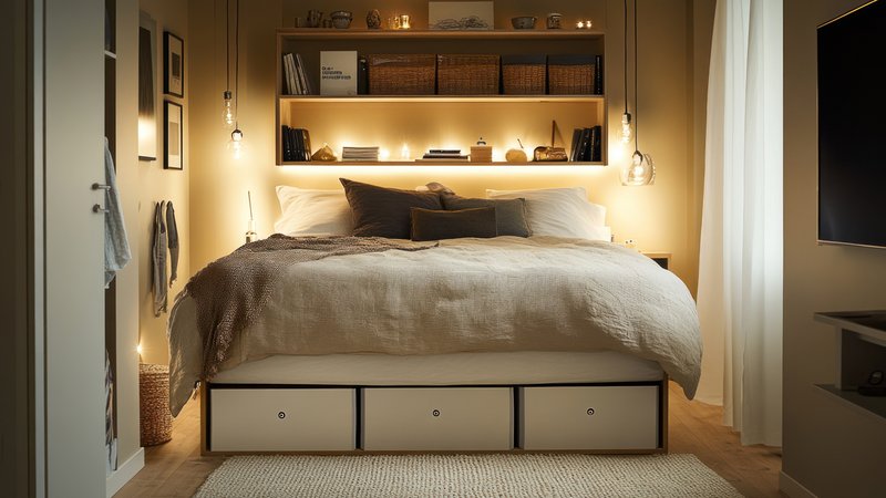 Kleines Schlafzimmer mit Schubladen unter dem Bett