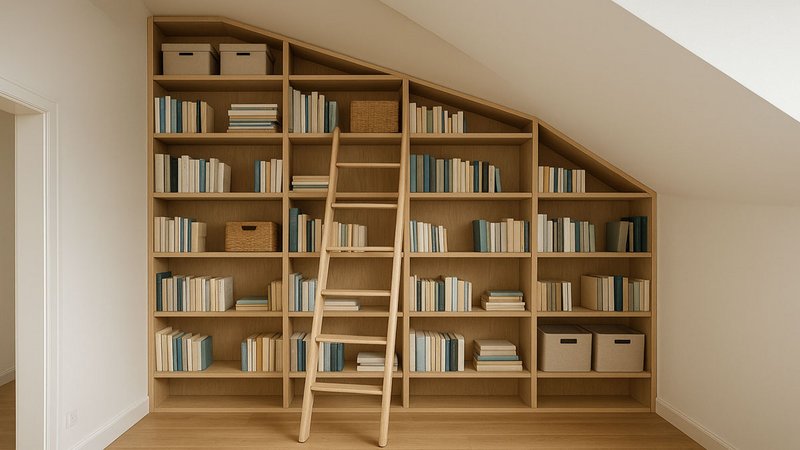 Regal können mit etwas handwerklichem Geschick perfekt in jedem Raum gebaut werden. Eine Leiter hilft auch, um an Kisten zu kommen. Foto: KI