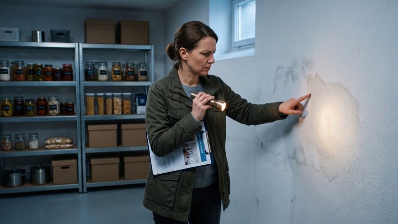Eine Frau schaut im Keller eine Wand mit Wasserflecken an