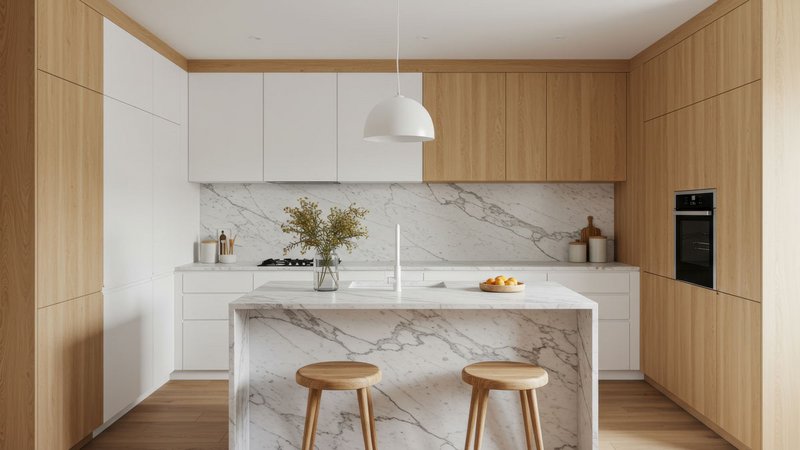 Zweifarbige Küche, eine moderne Küche mit weißen Schränken und einer Kochinsel, die zwei Hocker aus Holz sowie eine Wandfarbe in neutralem Ton aufweist