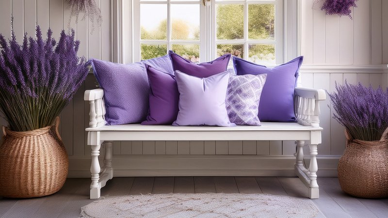 Eine Bank vor einem Fenster mit Fliederstöcken und lila Kissen