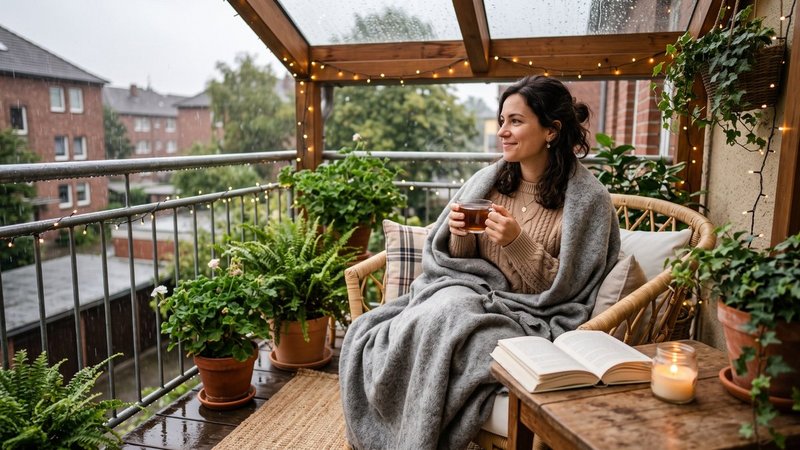 Eine Frau sitzt mit einer Decke auf ihrem wettergeschützten Balkon