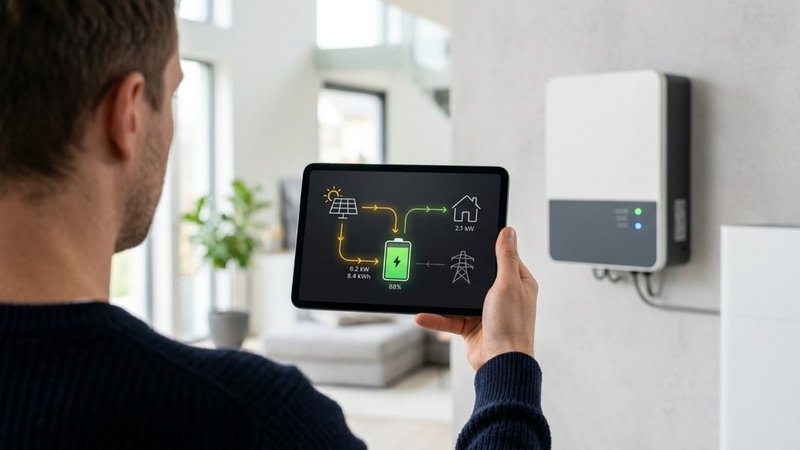 Ein Mann sieht auf einem Tablet seinen Energiespeicher