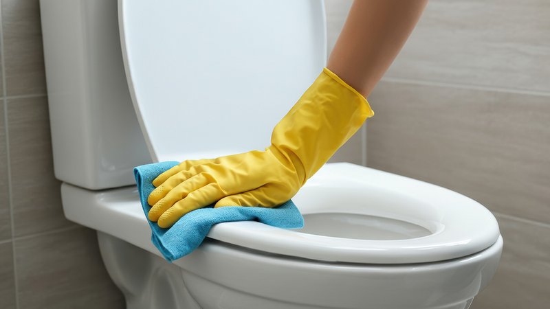 Klo putzen Tipps, Frau putzt mit gelben Handschuhen das Klo