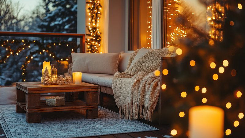 Winterlicher Balkon mit Lichterketten, Kerzen und einem Sofa