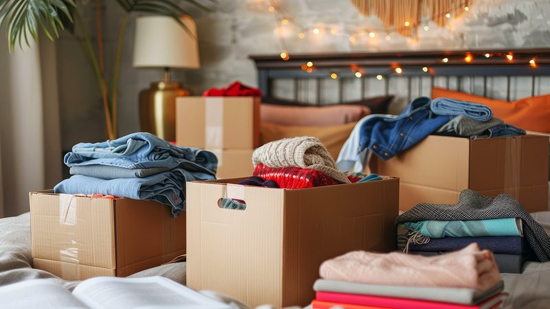 Zuhause entrümpeln, Kartons auf dem Bett für das Entrümpeln der Wohnung