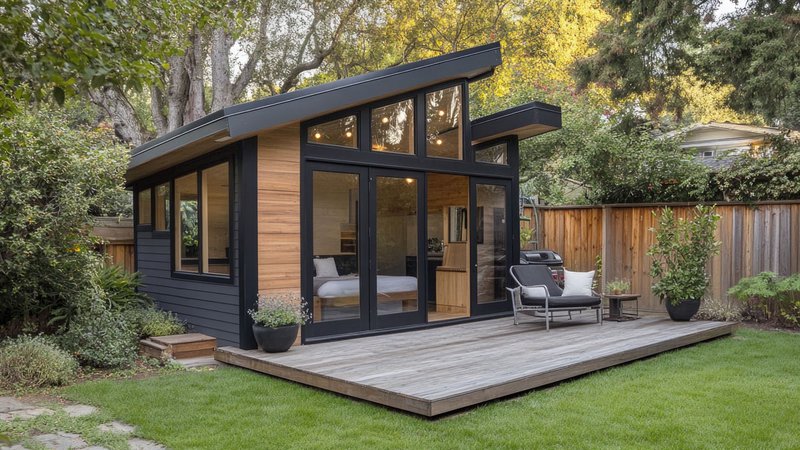 Sichtschutz Tiny House, Tiny House mit großer Fensterfront