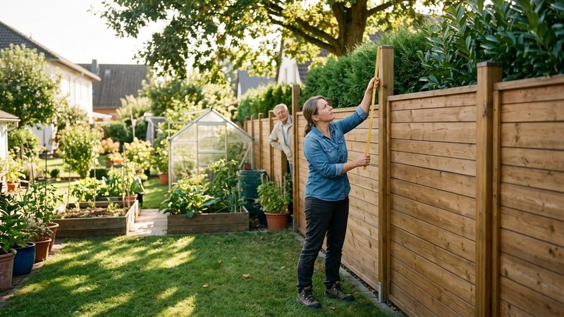 Eine Frau misst im Garten die Zaunhöhe nach