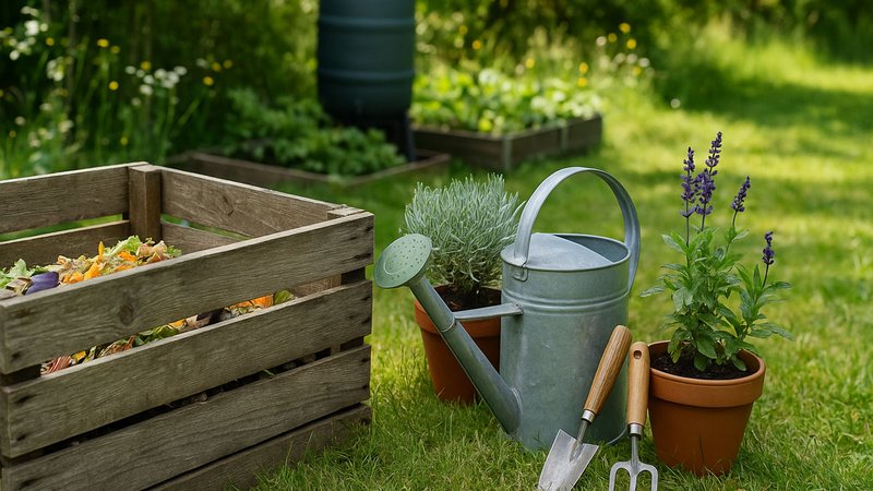 Nachhaltig Gärtnern, Kompost, Gießkanne und Kompost
