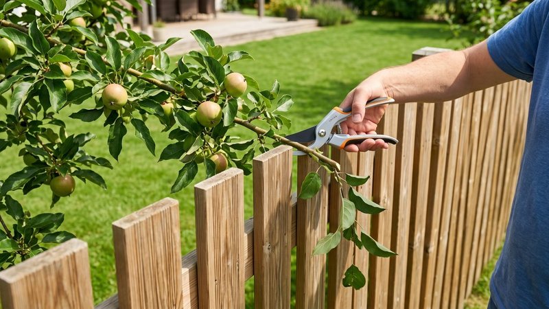 Ein Apfelbaum hängt über den Gartenzaun, der Nachbar schneidet ihn ab